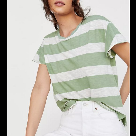 Anthropologie Tops - ANTHROPOLOGIE T.La WHITE GREEN STRIPED FLUTTER SLEEVE MONIKA TEE TOP